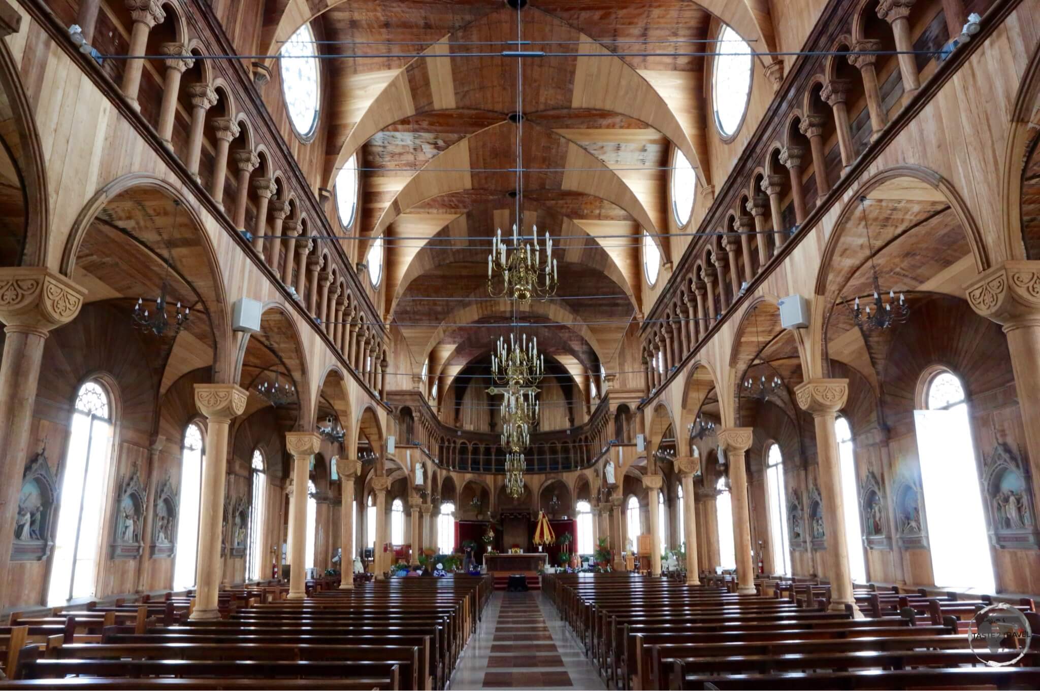 The wooden interior of St. Peter and St. Paul Basilica in Paramaribo.