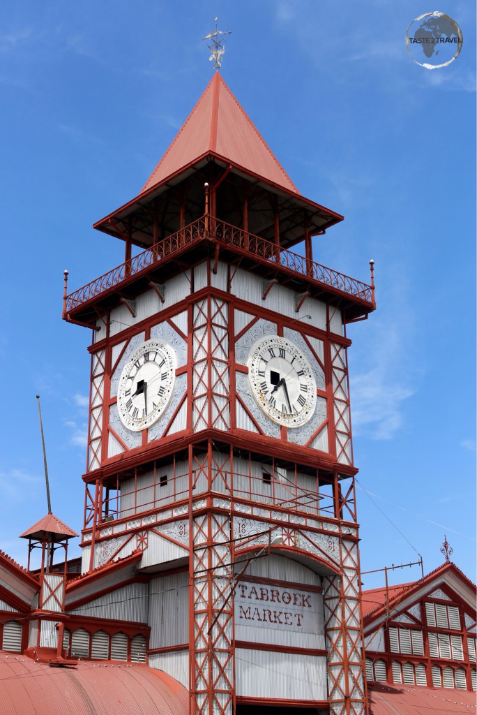 The iconic wrought-iron clock tower at Stabroek Market in Georgetown.