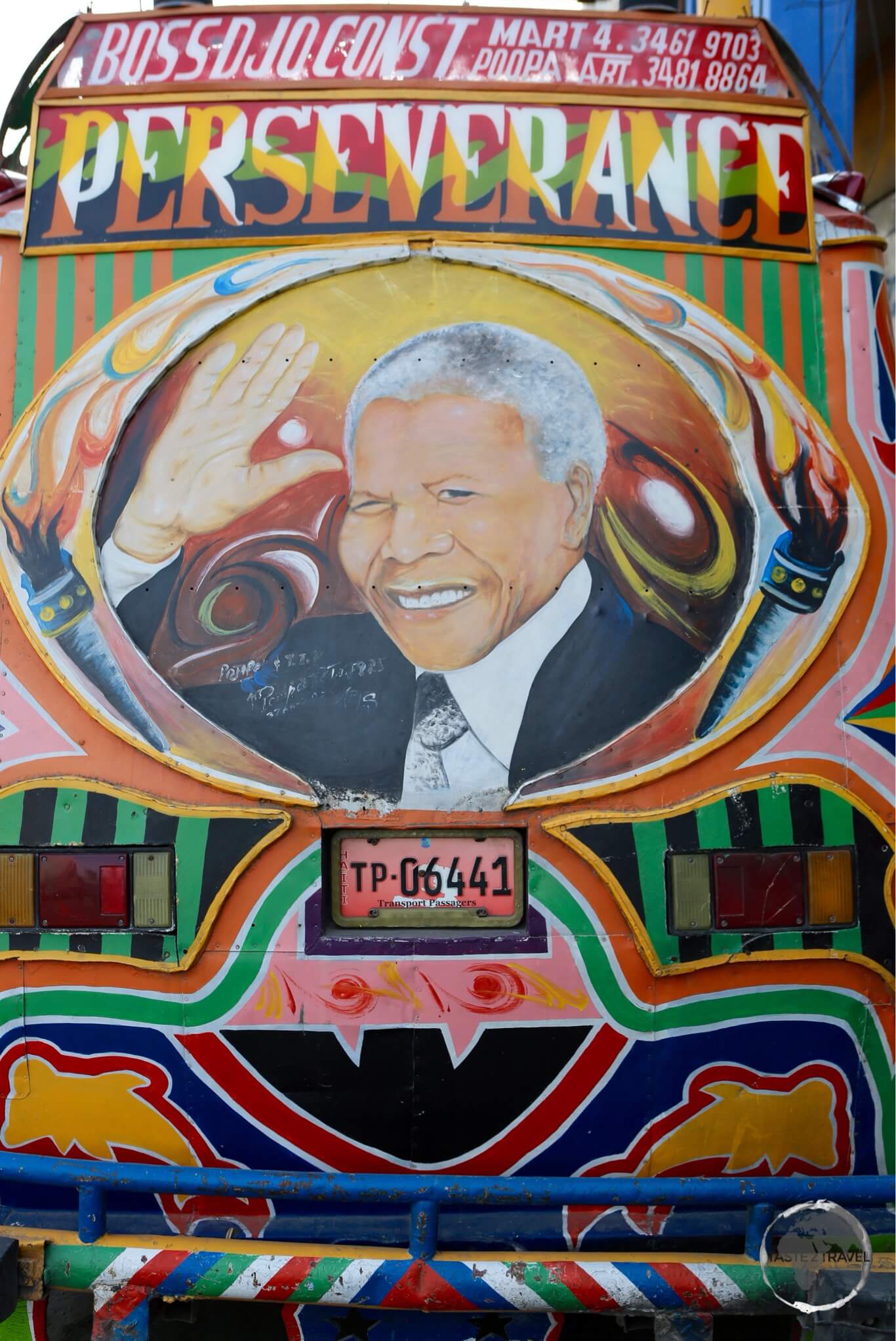 A 'Tap-Tap' in Port-au-Prince pays tribute to Nelson Mandela.