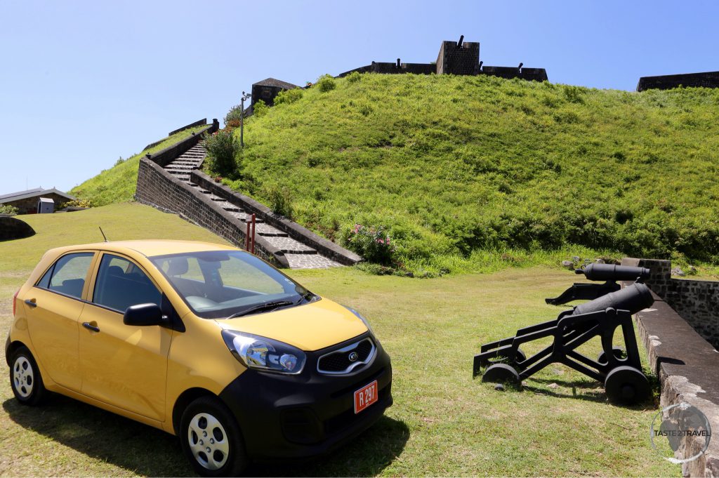 Hire car is a great way to explore both islands. My car parked at Brimstone Hill fortress.