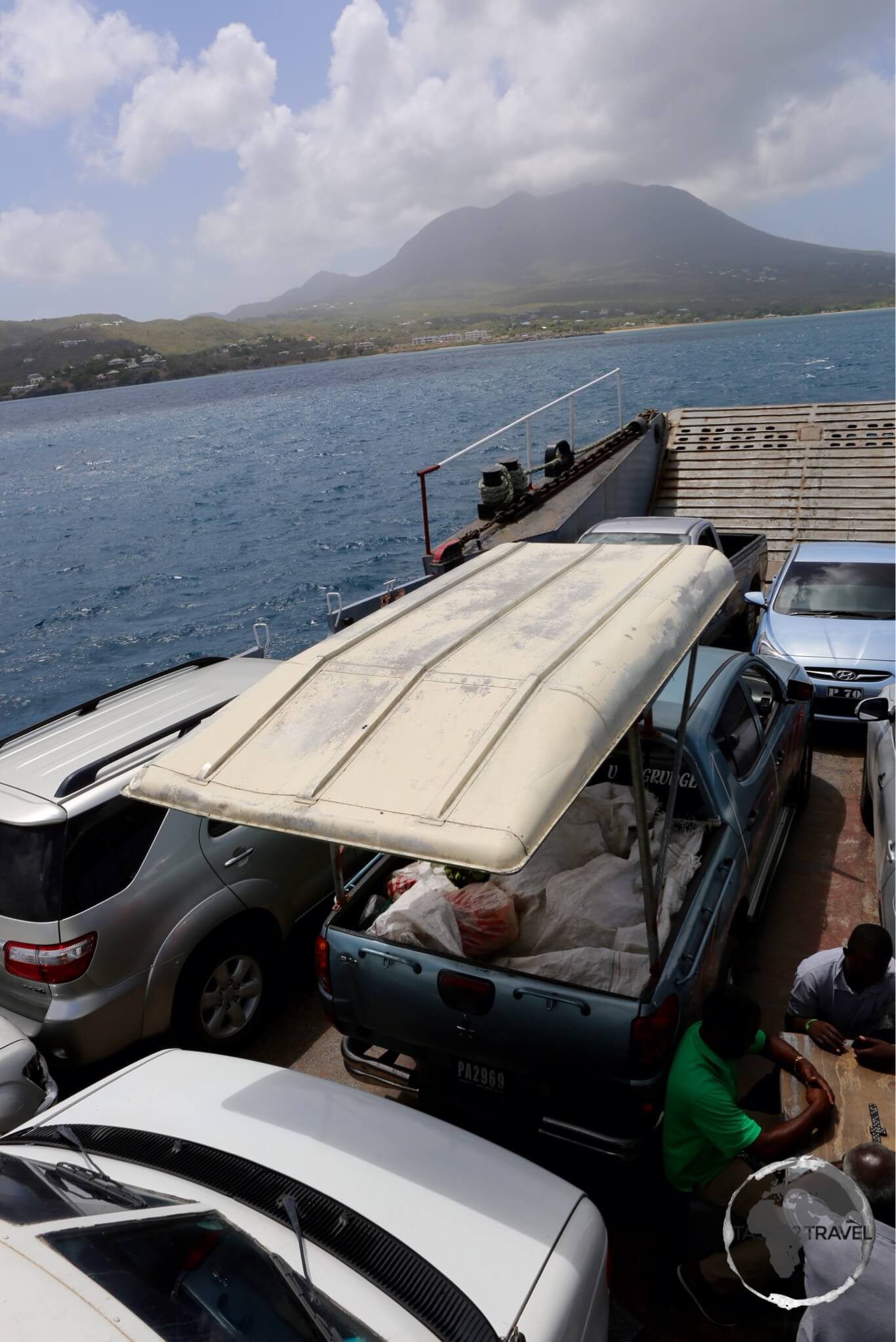 The sea-bridge ferry connects St. Kitts to Nevis (background).