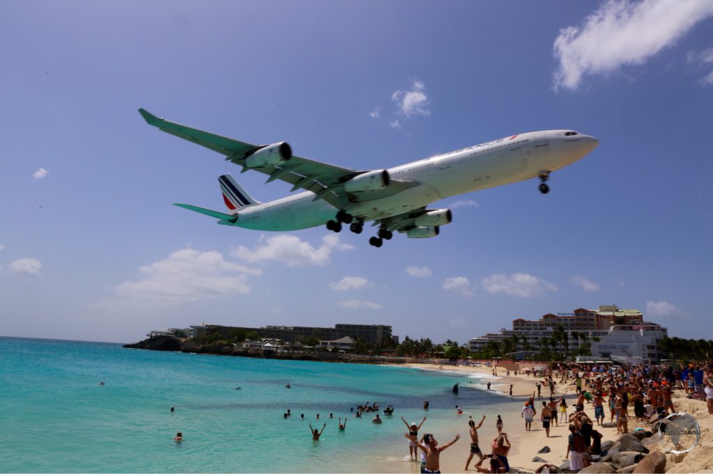 Air France flight arriving on St. Martin. All flights approach low over the popular Maho Beach.
