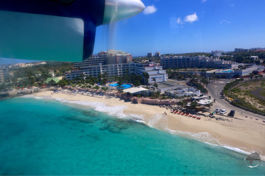 On final approach to St. Martin, passing over Maho beach.