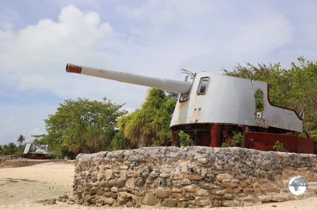 WWII-era anti-aircraft guns on the beach at Betio Island.