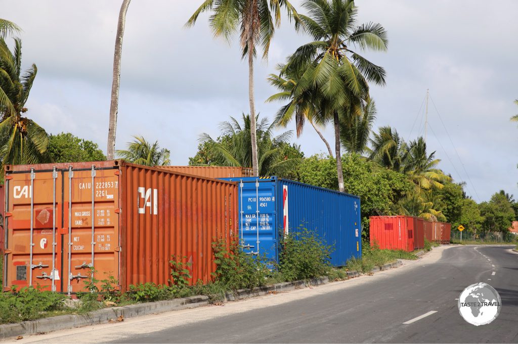 Shipping containers line the streets on Betio Island.