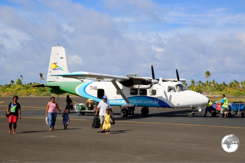 Air Kiribati flight arriving at Bonriki Airport.