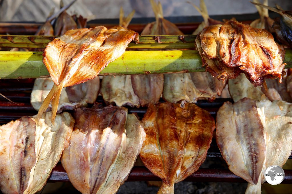 BBQ fish at a roadside fish market on South Tarawa,
