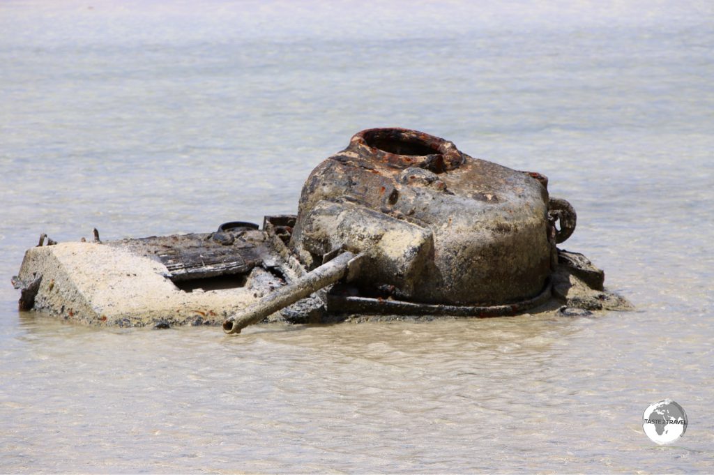 WWII relic – a wrecked Sherman tank laying in the sand on Betio Island.