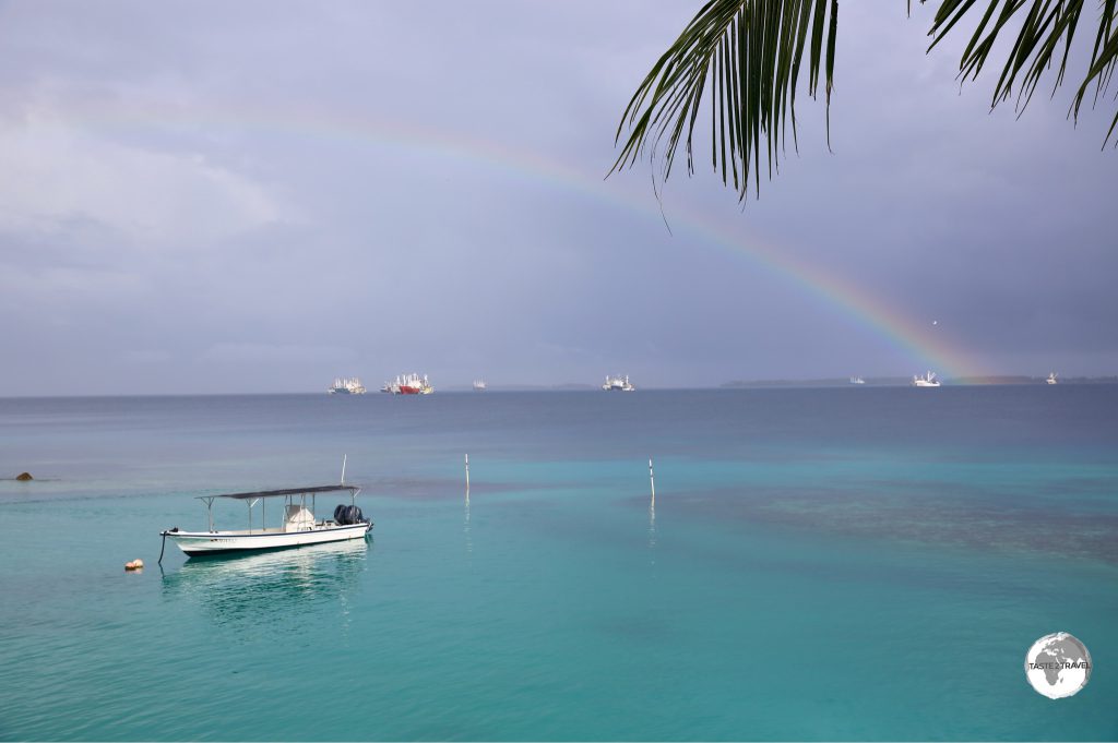 A rainbow over the Pacific, as viewed from the Marshall Islands Resort.