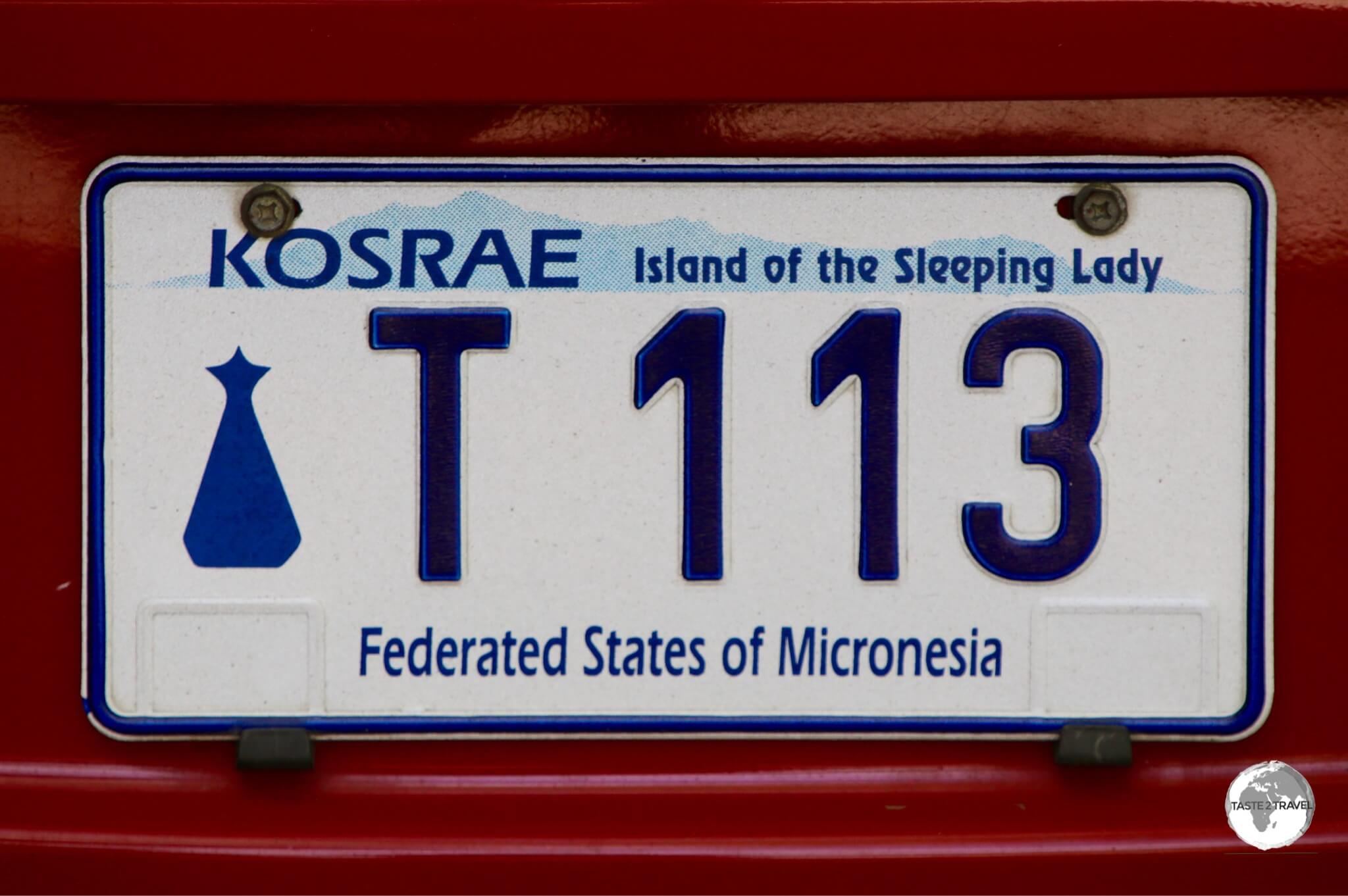 The license plate of my rental car on Kosrae.