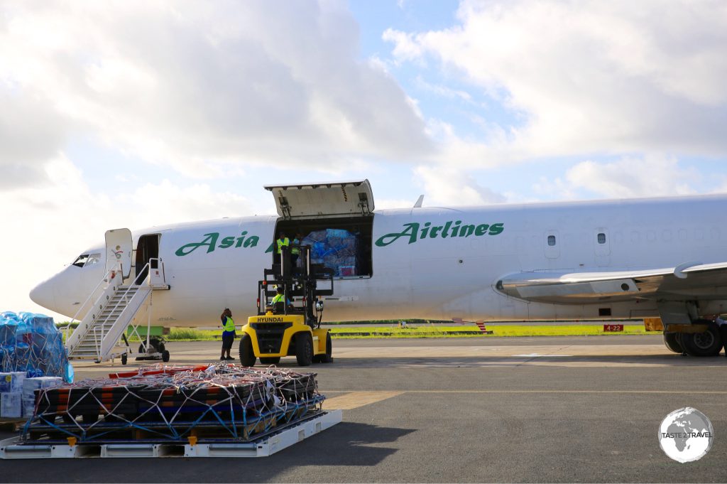 All freight in Micronesia arrives courtesy of two companies – Matson Shipping Line or Asia Pacific Airlines (seen here at Chuuk Airport).