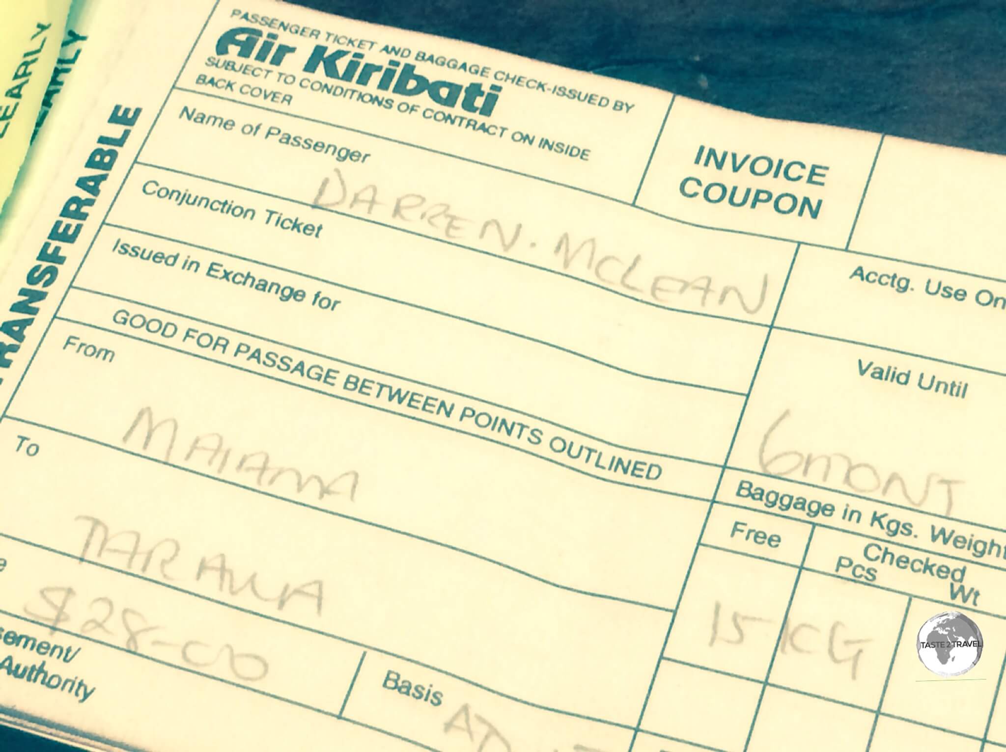 My inexpensive 'joy flight' ticket with Air Kiribati.