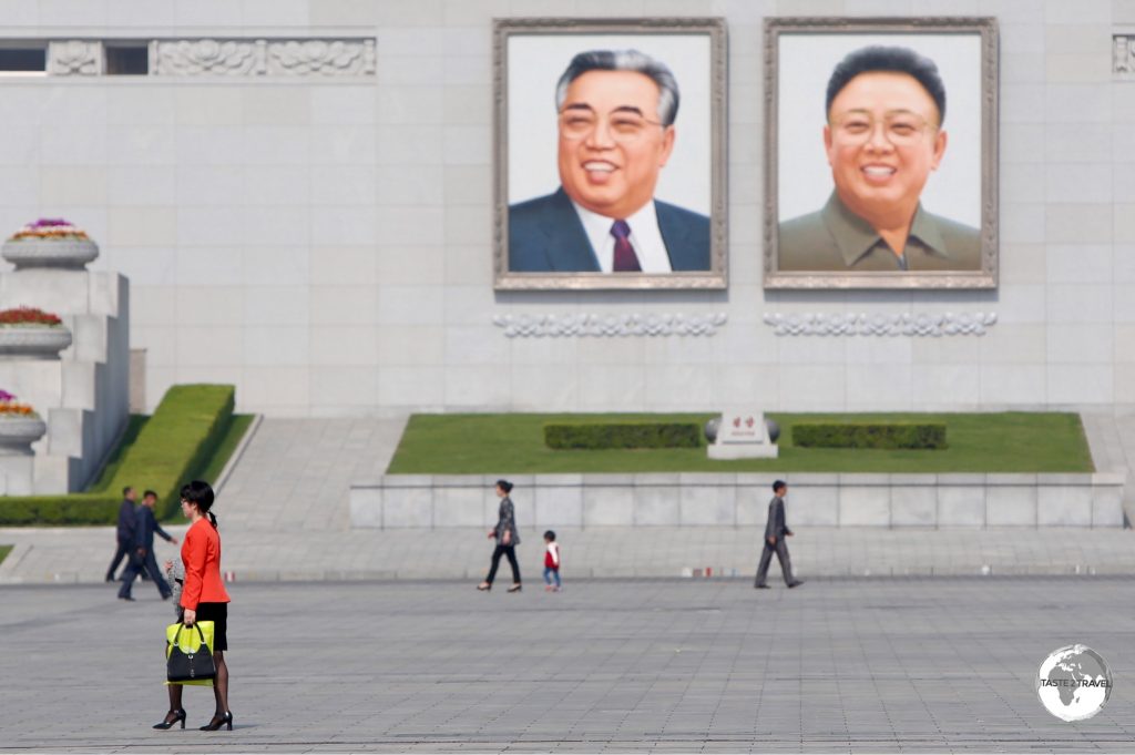Portraits of the two former leaders, Kim Il-Sung and Kim Jong-Il are displayed everywhere in DPRK, including the main square.