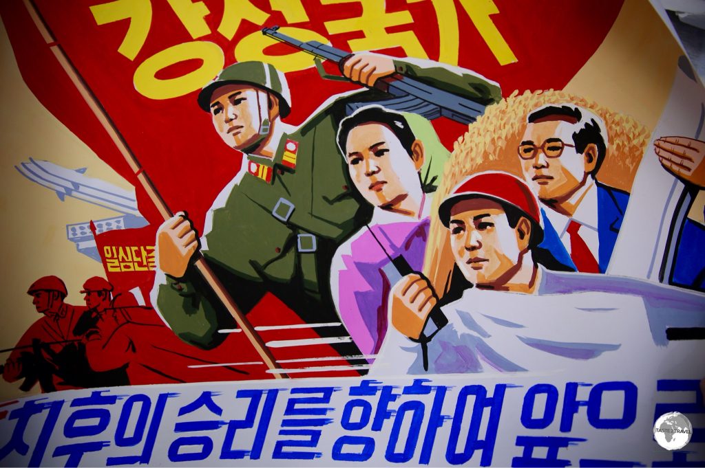 North Korea propaganda posters on sale at the Foreign Language Bookshop in Pyongyang.