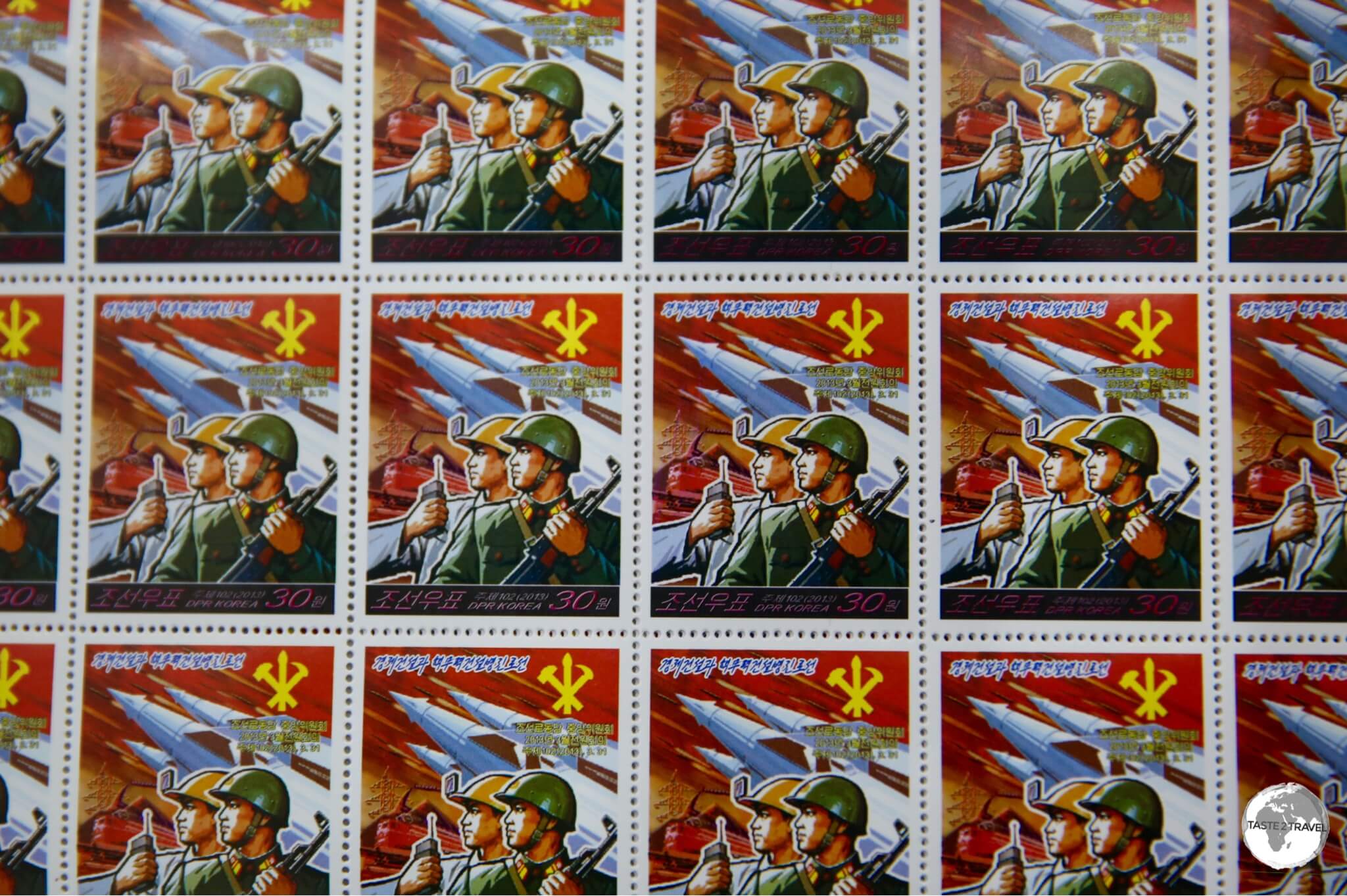 North Korean stamps feature striking propaganda artwork and make for interesting souvenirs.