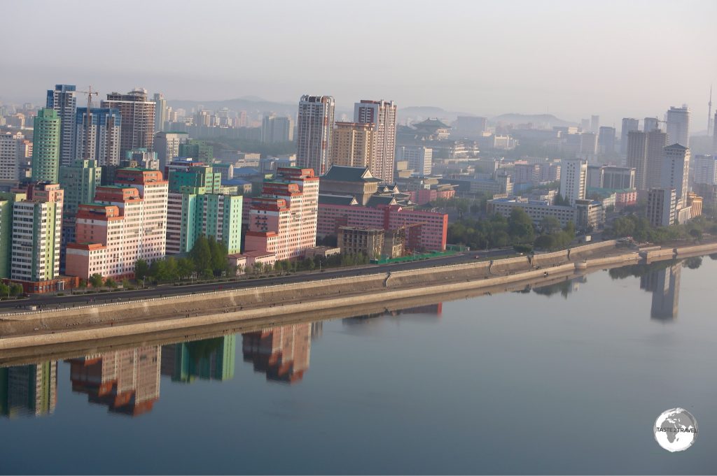 A view of downtown Pyongyang and the Taedong River from the Yanggakdo International Hotel.