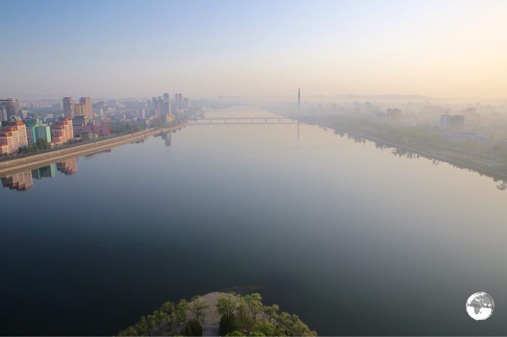 An early morning, from my room at the Yanggakdo International Hotel, of the Taedong River, which passes through downtown Pyongyang.