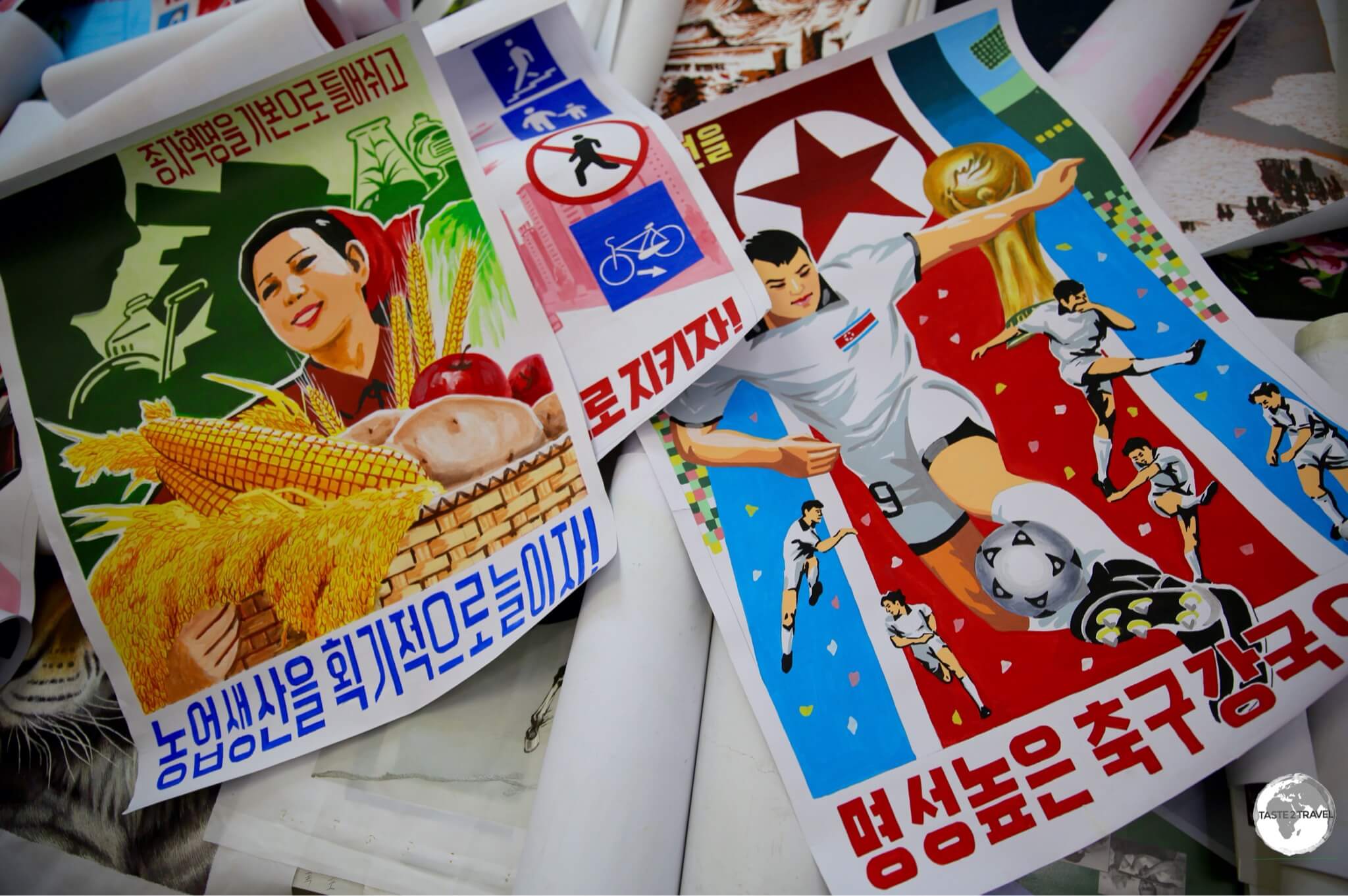 Hand-painted propaganda posters at the Foreign Language bookstore in downtown Pyongyang.