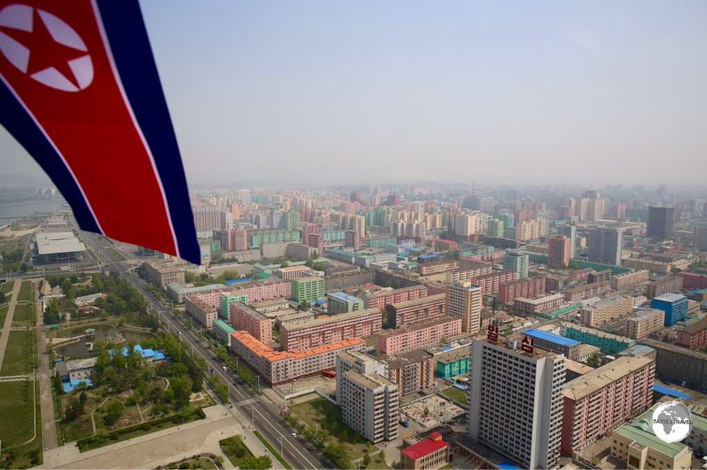 A view of the colourful apartment blocks of Pyongyang.