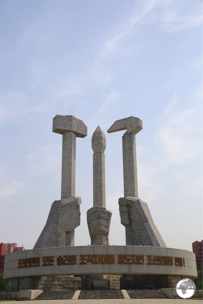 The 'Monument to Party Founding' in Pyongyang. The hammer, sickle and calligraphy brush symbolize the workers, farmers and intellectuals.