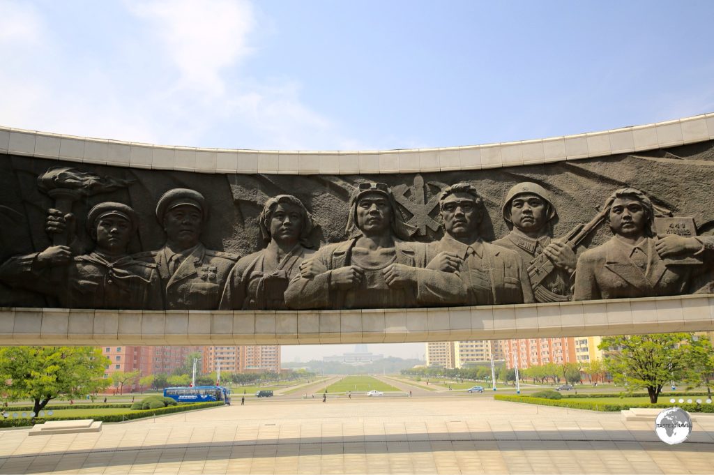 Detail of one of the large bronze panels at the 'Monument to Party Founding' in Pyongyang.
