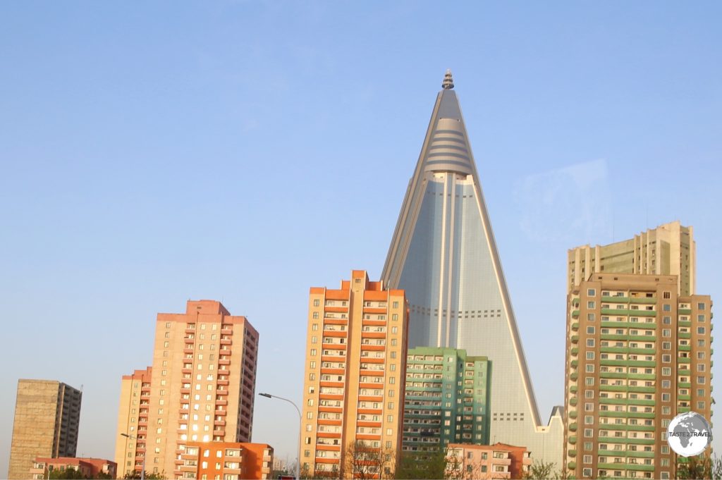 The 105-story Ryugyong Hotel dominates the Pyongyang skyline. Under construction since 1987 and not scheduled to open anytime soon.