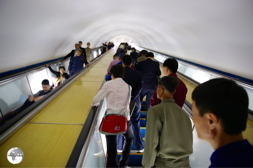 The Pyongyang Metro is the deepest metro system in the world at 110 metres. The long escalator ride lasts a few minutes, enough time to sit and relax.