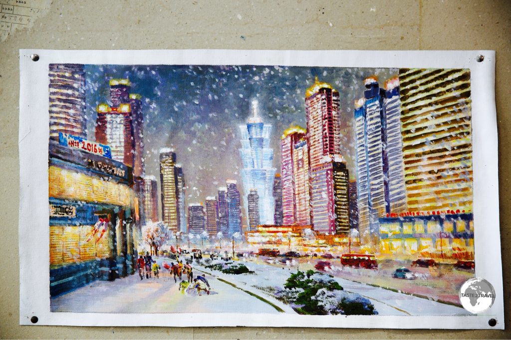 A painting showing a wintery 'Mirae Future Scientists' street in Pyongyang.