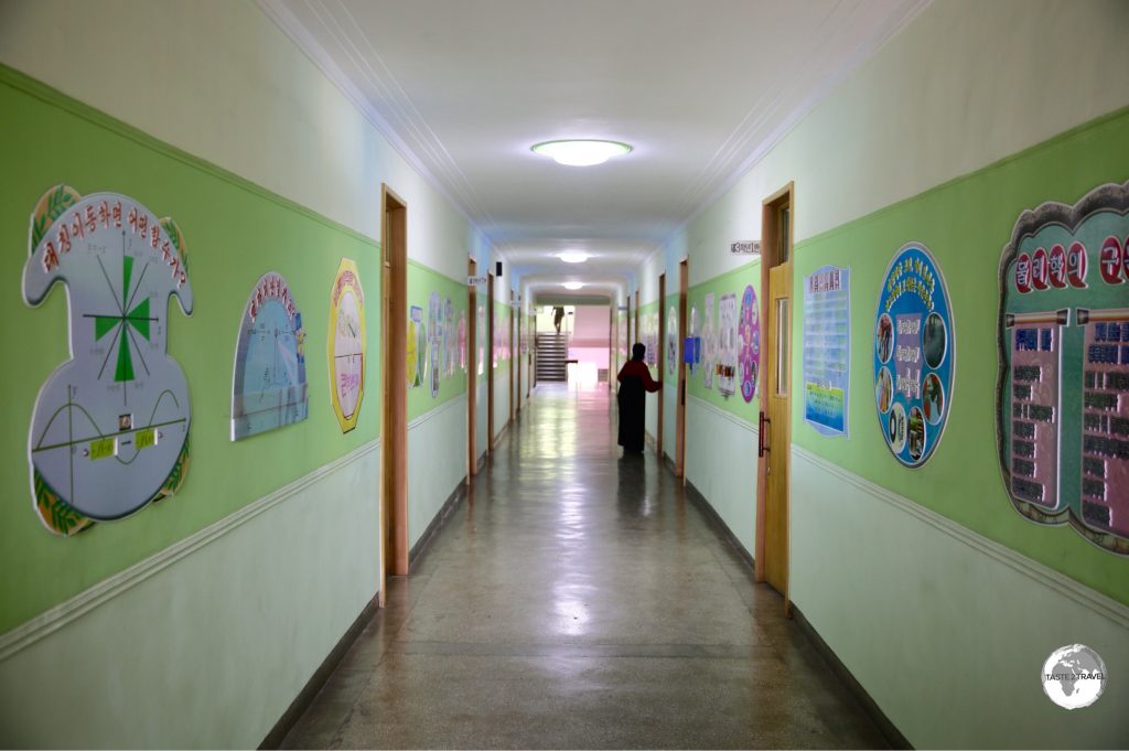 The spotlessly clean corridors inside the Phyongsong Model School which the students are required to mop.