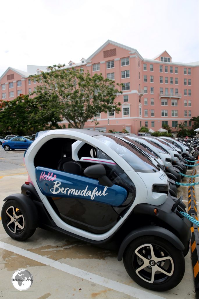 While rental cars are banned on the tiny streets of Bermuda, these Renault Twizy’s, parked at the Hamilton Princess Hotel, are allowed.