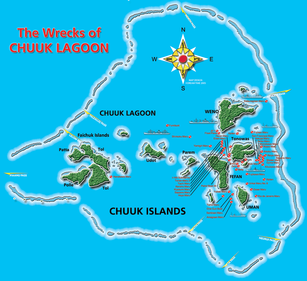 A map showing the many Japanese wrecks in Chuuk Lagoon. 
