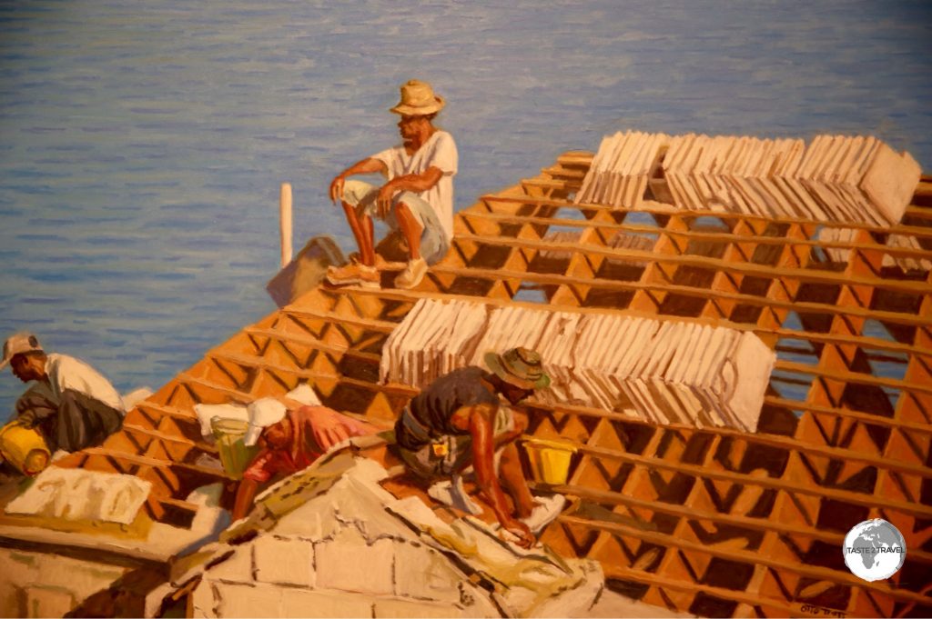 Painting at the Masterworks Art Gallery showing workers constructing a Bermudan rooftop.
