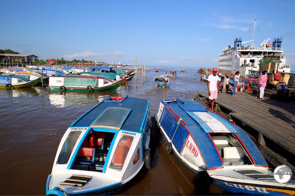 Speedboats at Parika port - a common means of transport in this 'land of many waters'.