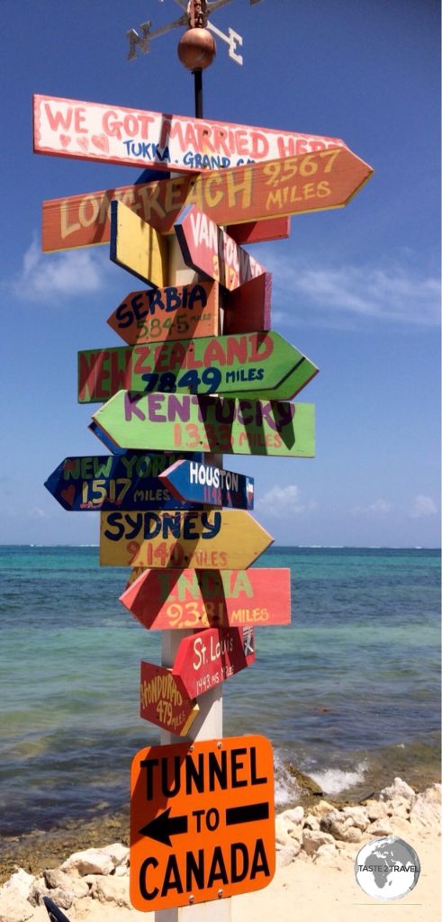 Distance marker at Tukka restaurant on Grand Cayman.