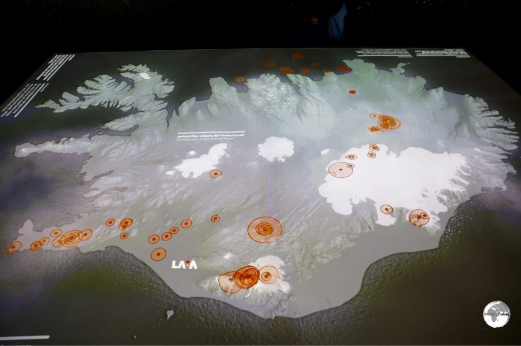 Orange circles on a map of Iceland at the Lava Centre indicate earthquake activity in the last 24 hours.