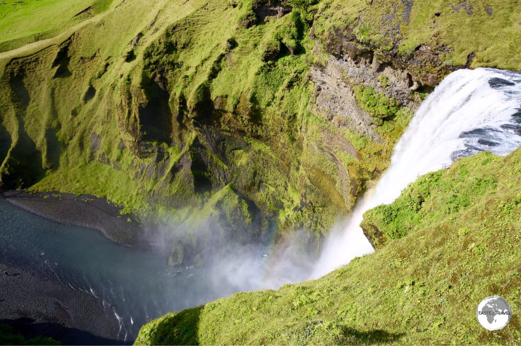 View from the top of Skógafoss waterfall.