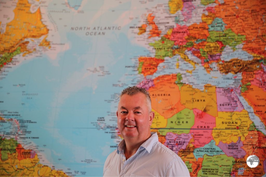 World map at the Fish & more restaurant in Reykjavik,