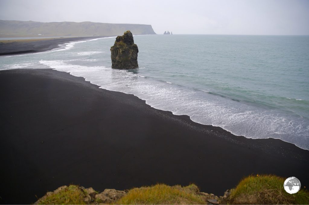 Arnardrangur or “Eagle Rock” on Reynisfjara beach.