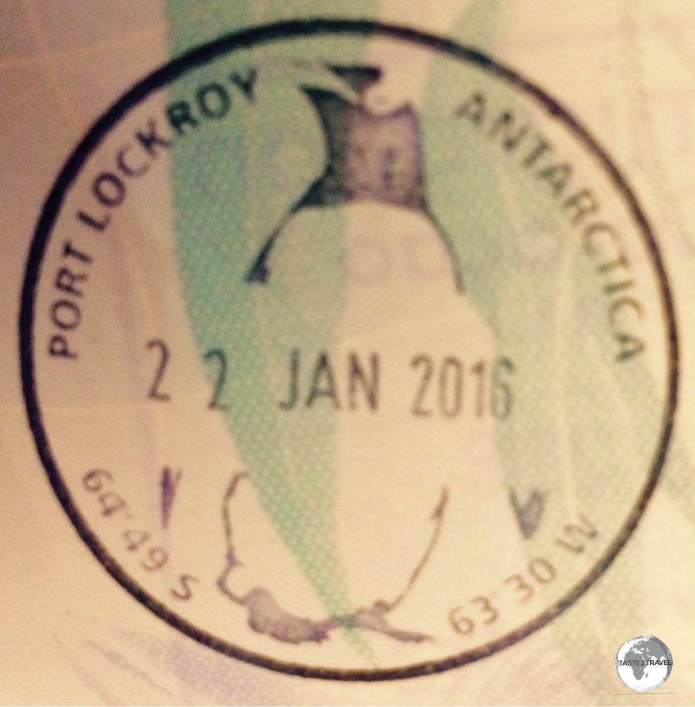 Souvenir Antarctica passport stamp from the Port Lockroy post office.
