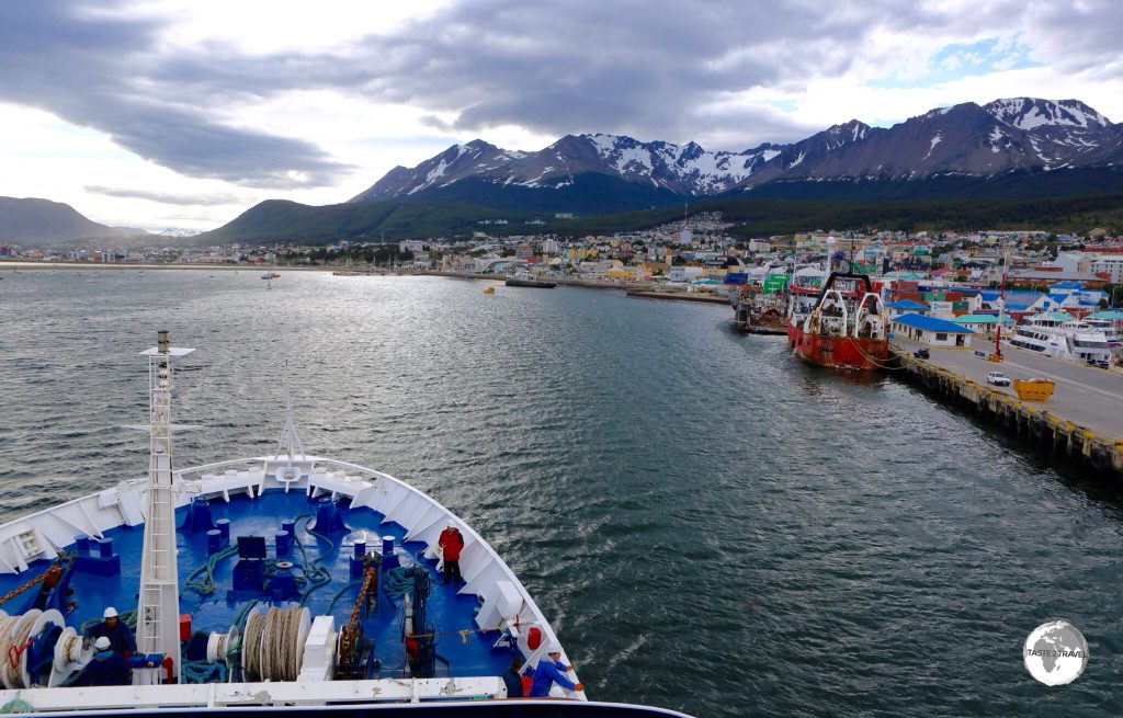Aboard Quark Expeditions 'Ocean Diamond' departing from Ushuaia port, Tierra del Fuego, Argentina.