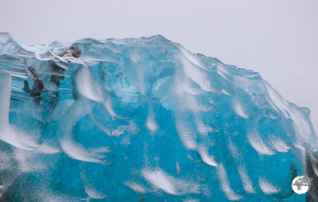 The translucent blue of a large chunk of pure water glacial ice floating in Crystal Sound.