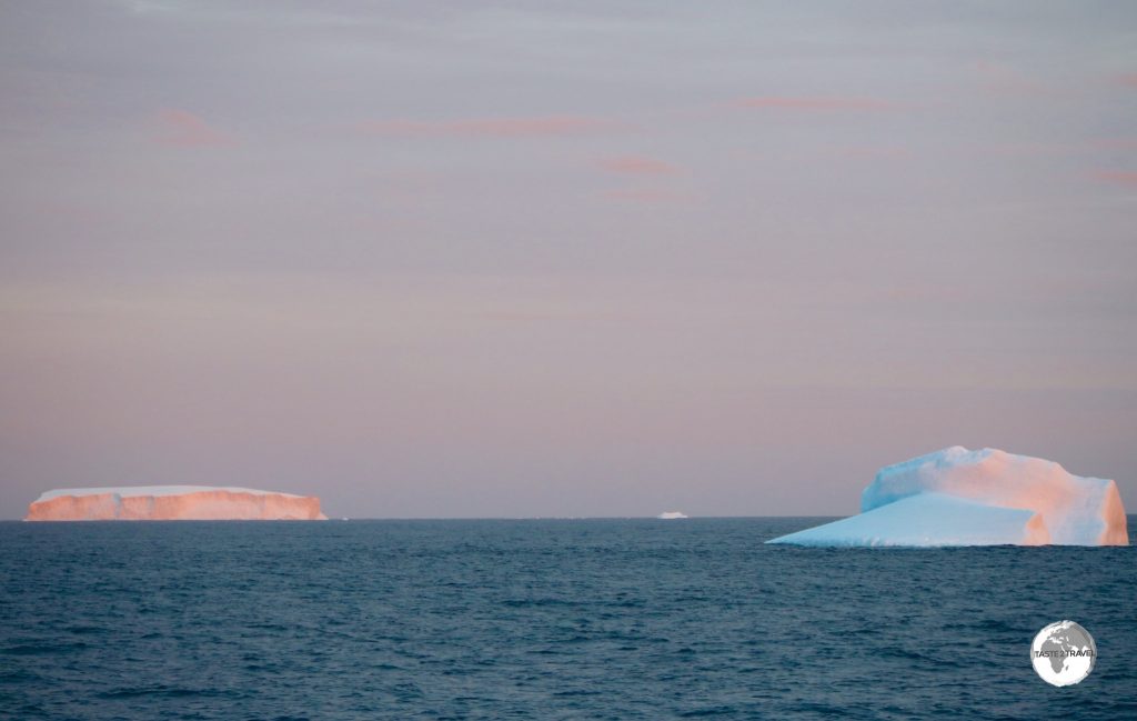 Icebergs glow in the setting Antarctic sun.