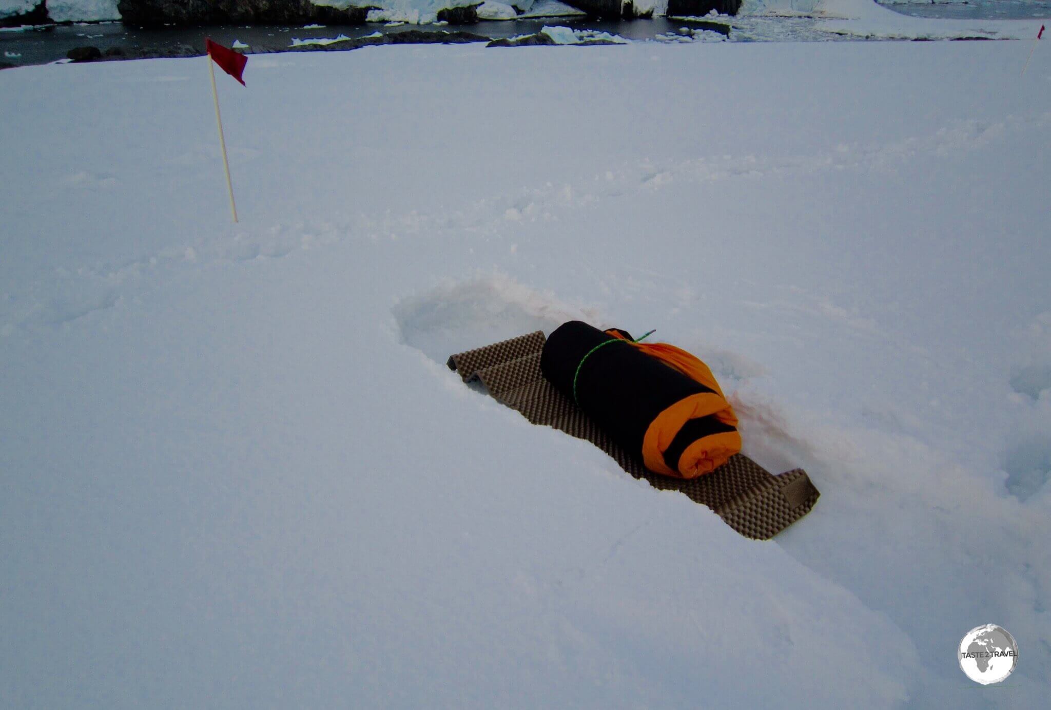 After digging a trench and laying out my bivouac, my frigid campsite at beautiful Leith cove was ready for a night sleeping under the stars on Antarctica.
