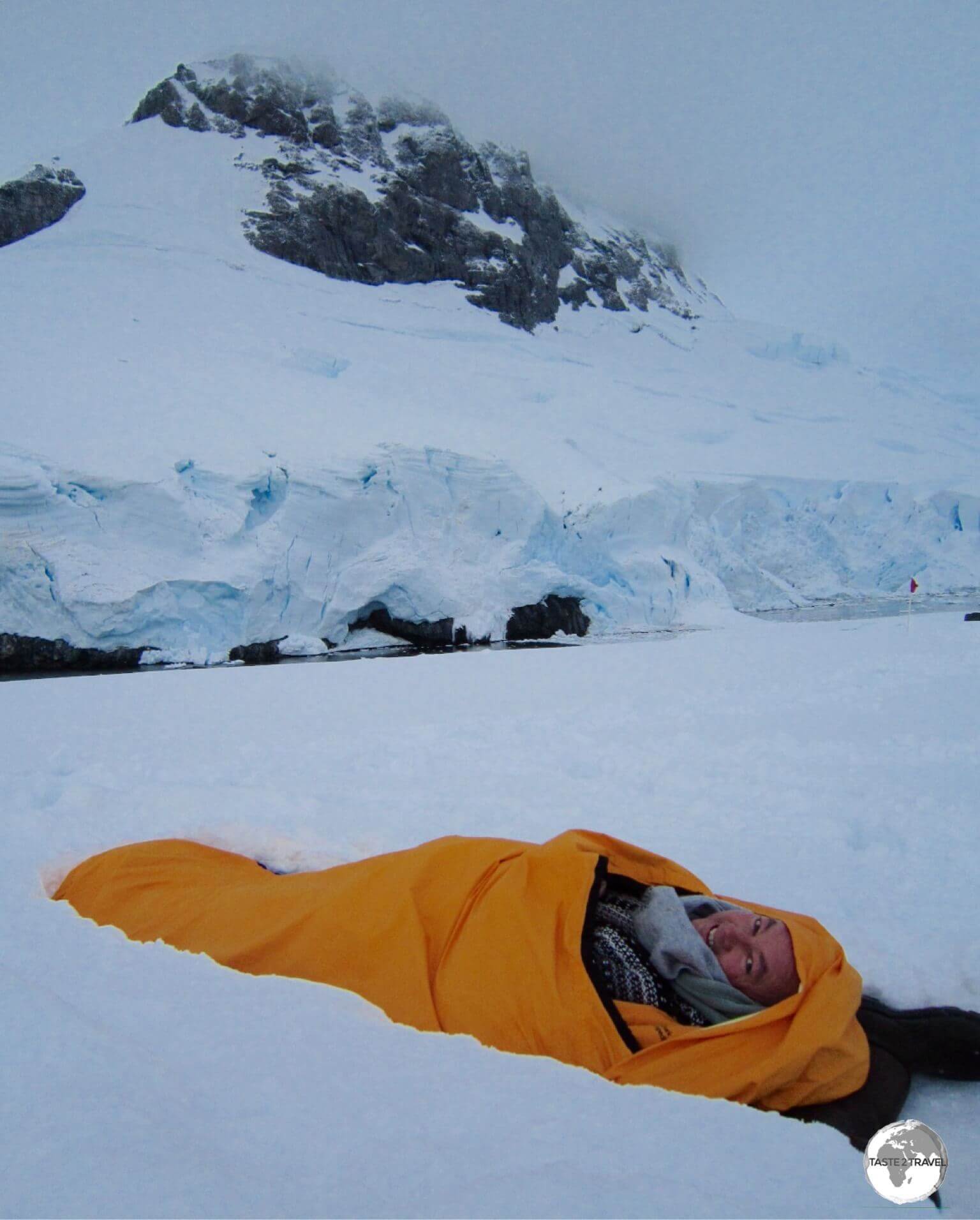 Wrapped up and protected against the elements, ready for my night of camping on Antarctica.