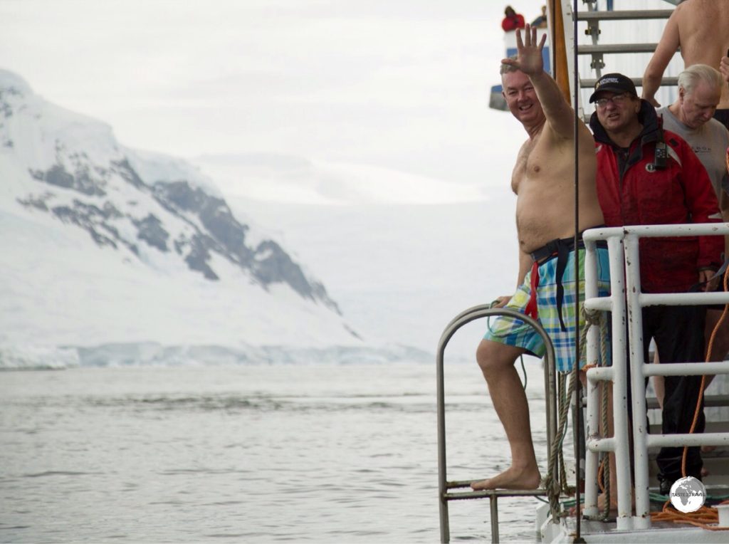 With a safety harness fitted, I'm ready to make my Polar Plunge into the icy waters of Wilhelmina Bay.