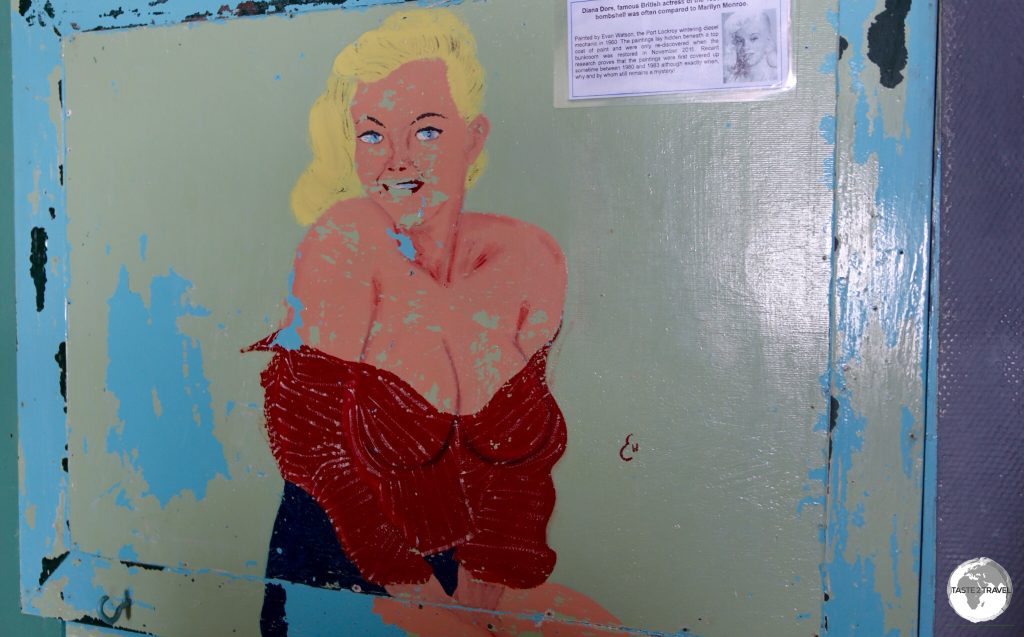 Part of the Port Lockroy museum display is this wall painting from the 1960's of British actress Diana Dors (often compared to Marilyn Monroe) which was uncovered during renovations in 2011.