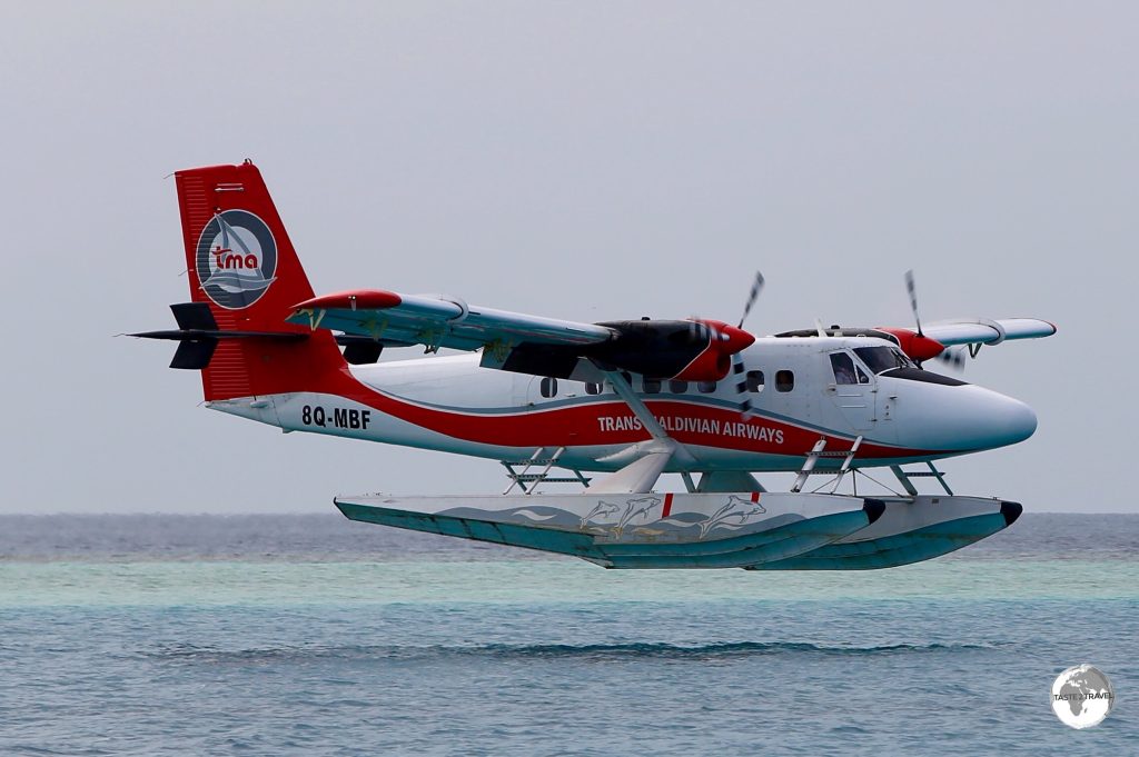 A TMA flight landing at remote Vilamendhoo resort.