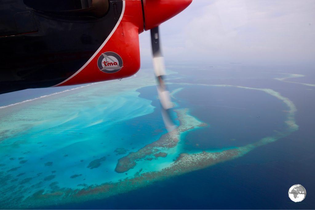 View from my TMA flight of one of the many submerged islands which comprise the Maldives.