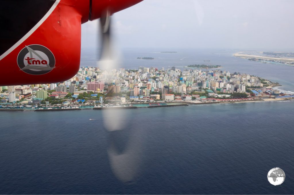 A panoramic view of Malé as we approach the seaplane terminal.