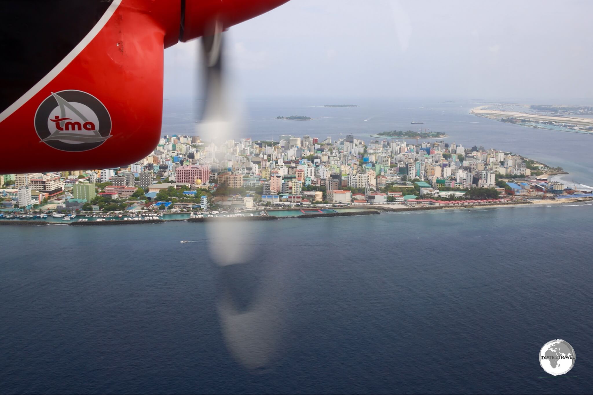 A panoramic view of crowded Malé from my TMA flight from Vilamendhoo Island Resort.